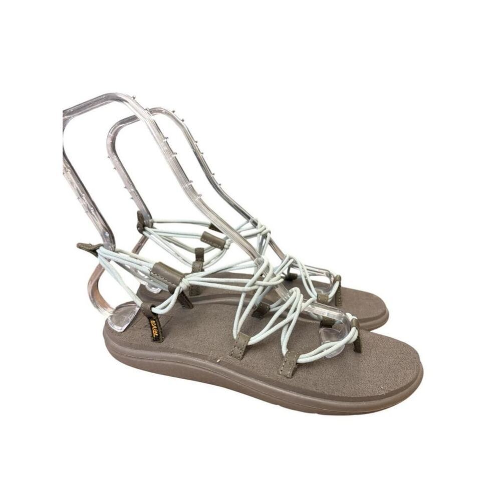 Teva Strappy Lace-Up Sandals in Taupe with Light Blue Cords